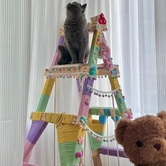 DIY Wooden Cat Climbing Ladder + Colorful Cotton Rope Set