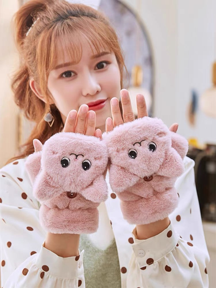Cute Cat Flip Top Mittens – Fluffy Faux Fur Convertible Fingerless Winter Gloves for Women & Girls