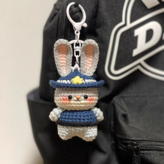 Crocheted Rabbit Policeman Doll Pendant Yarn Knitting Kit Fox Keychain Creative Gift set (2 in 1)