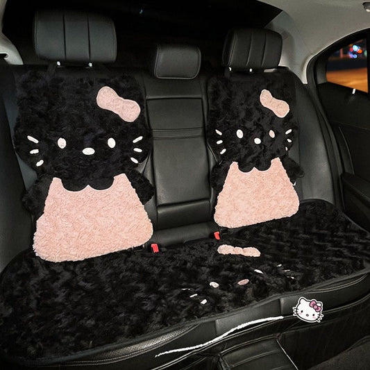 Kawaii Black & Pink Plush Kitty Car Seat Cover Set (7-Piece)