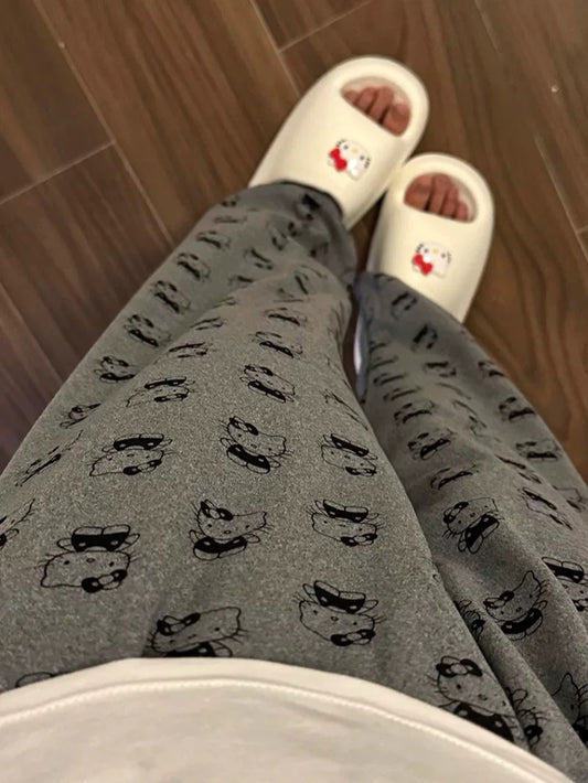 Autumn and winter warm and soft velvet warm pajamas women's trousers cute KT cat loose casual home pants outdoor wear for a walk