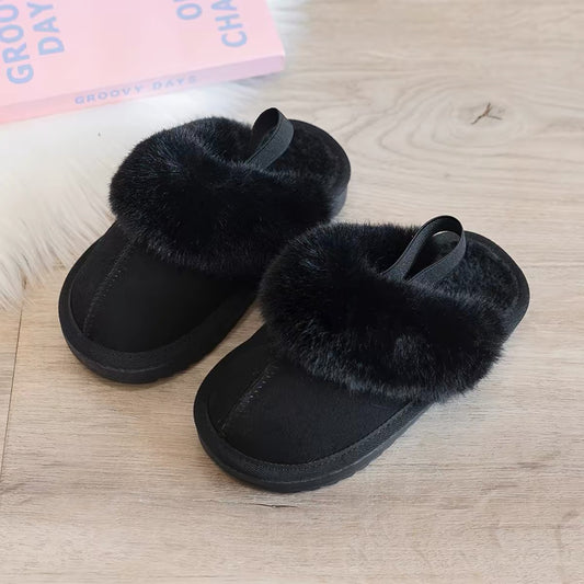 Fluffy Plush Kids Slippers – Warm Faux Fur Slip-On with Back Strap