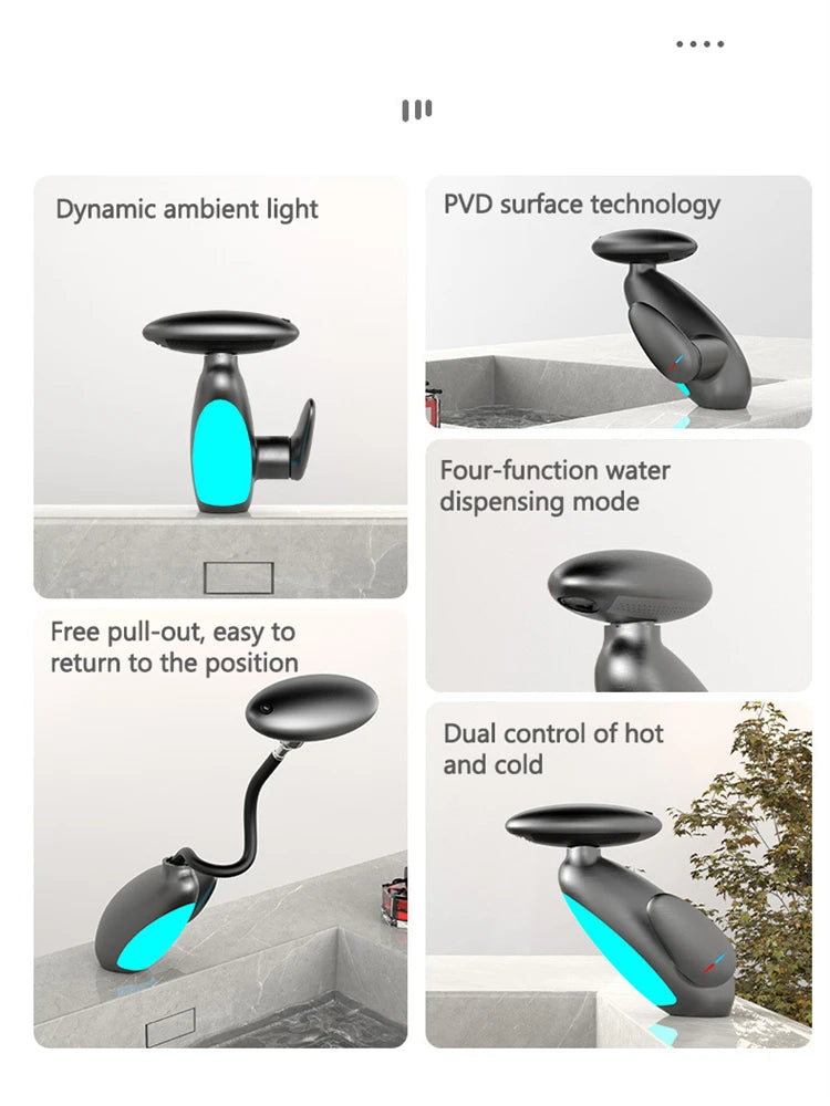LED Temperature-Sensitive Pull-Out Basin Faucet – 360° Rotating with Ambient Light