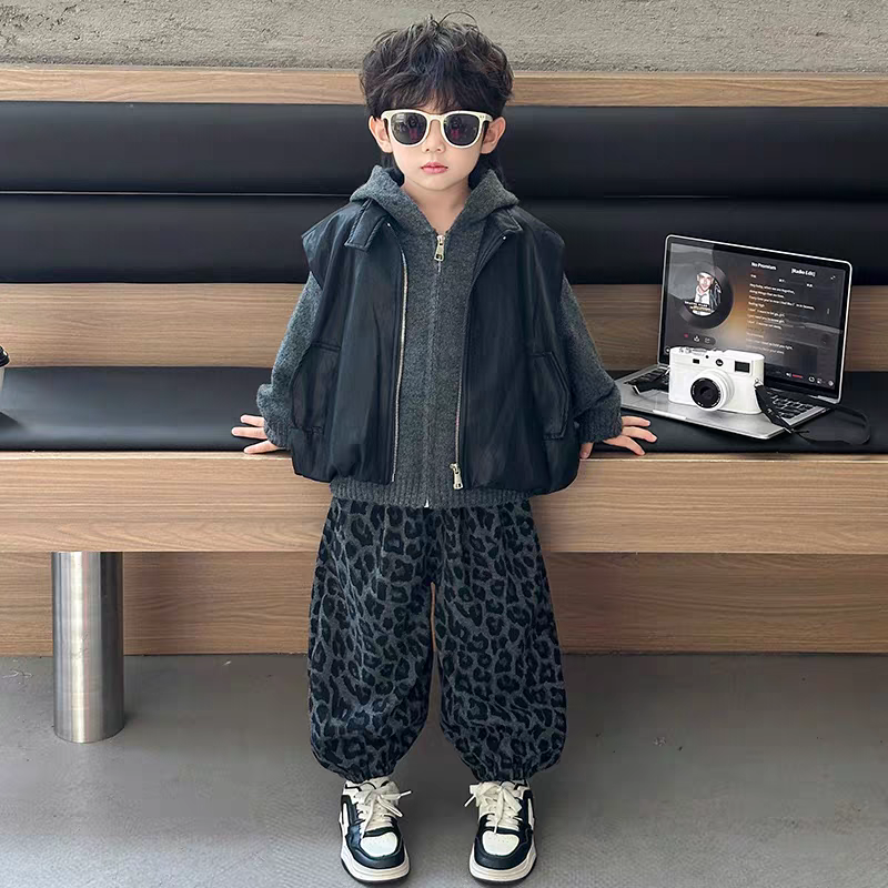 Boys 3-Piece Korean leopard Style Outfit Set 2026 | Leather Vest, Sweater & Pants
