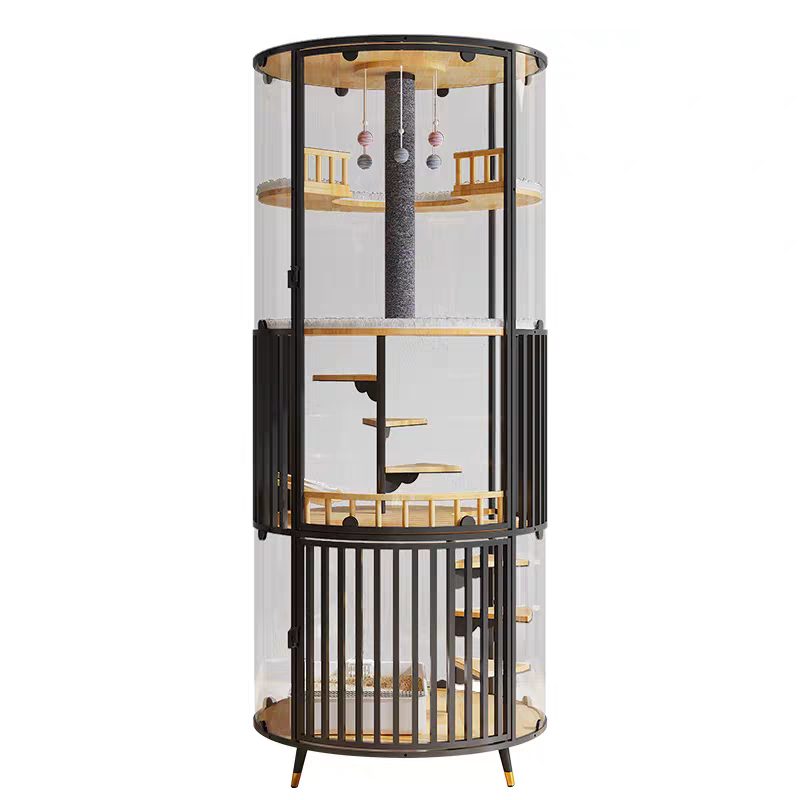 Pet playpen with wooden platforms and a central cylindrical structure on a white background