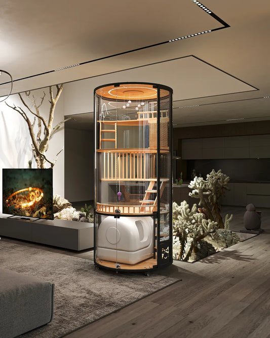 Modern indoor plant stand with glass top in a stylish living room.