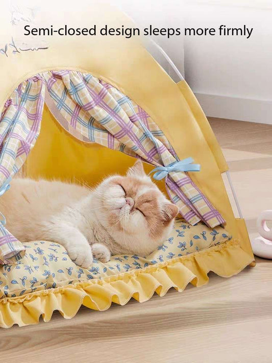 Cute Indoor Cat Tent Bed – Foldable Pet House with Curtains & Soft Cushion - Cutier Store