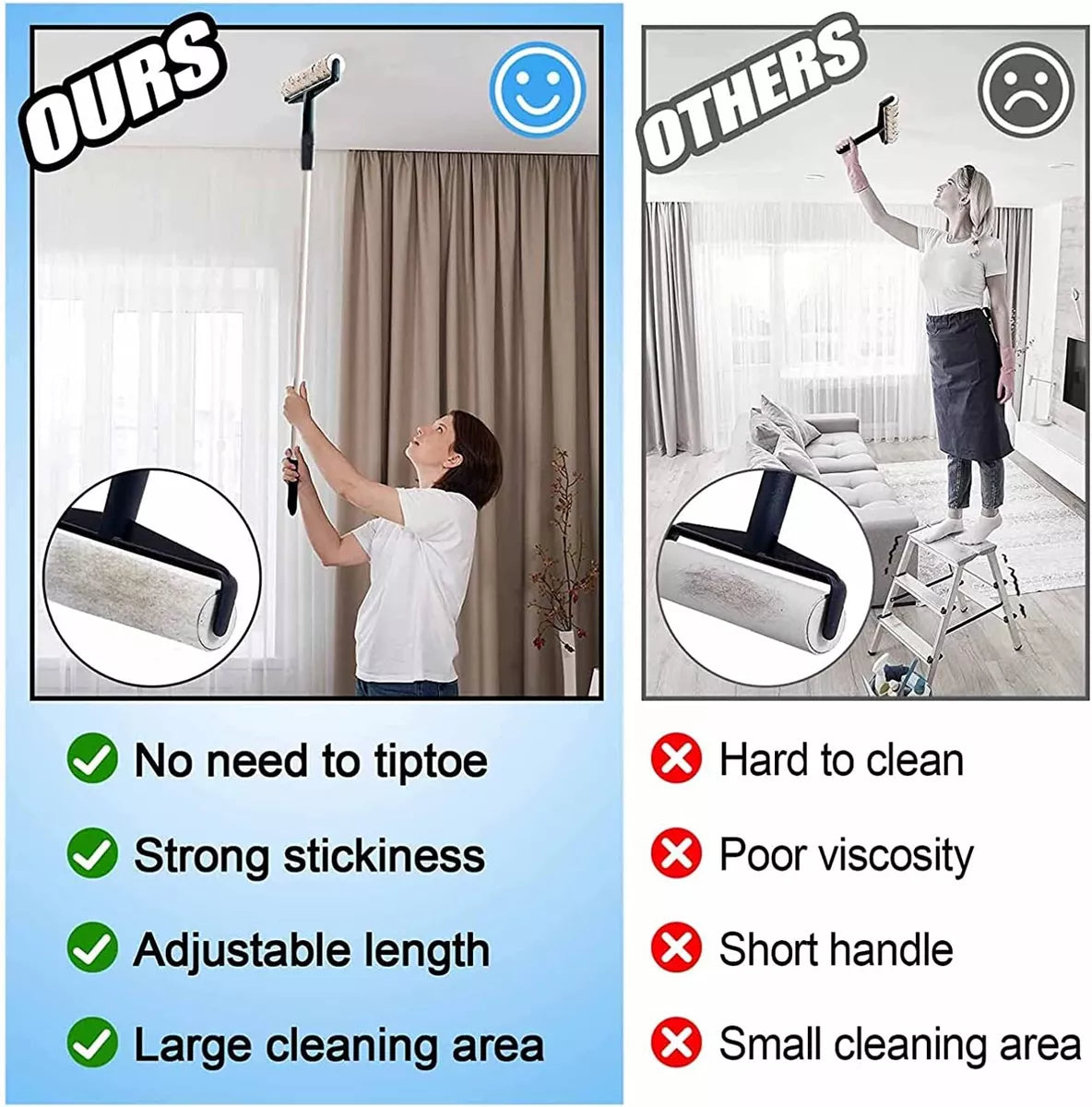 Long Handle Sticky Lint Roller Floor Carpet Clothes Pet Hair Remover - Cutier Store