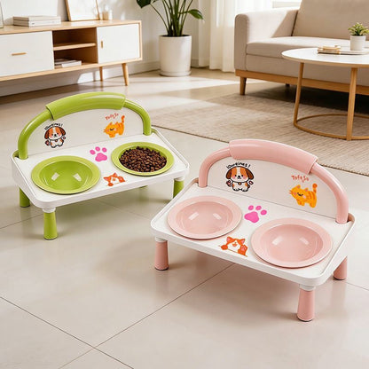 Two pet feeding stations, one green and one pink, with bowls on a tiled floor.