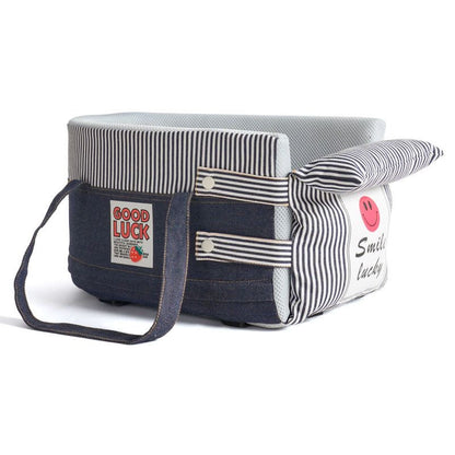 Fabric bag with striped pattern and text on a white background