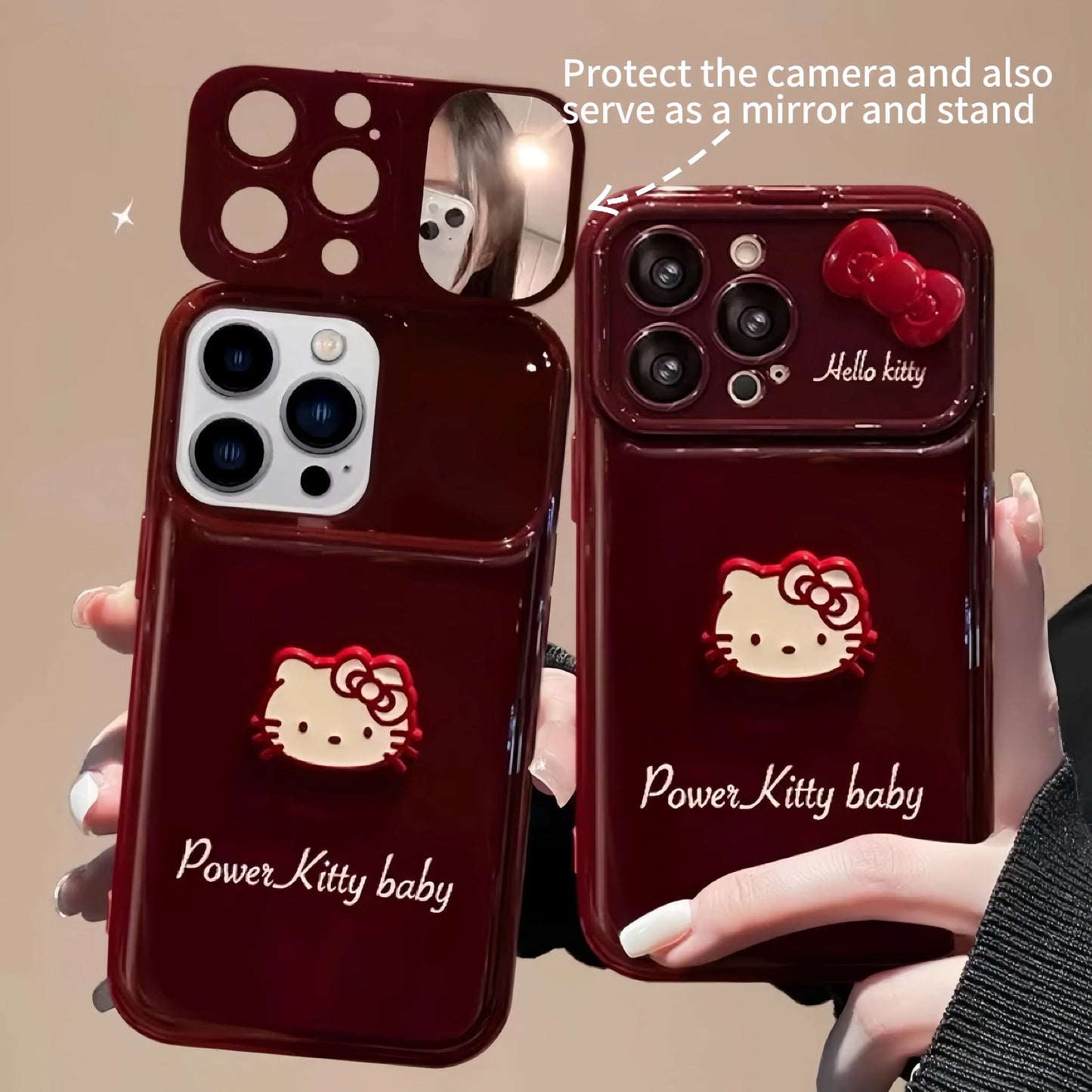 Kitty flip phone case with mirror and stand