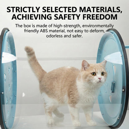 Cat standing between two large wheels with text about material safety.