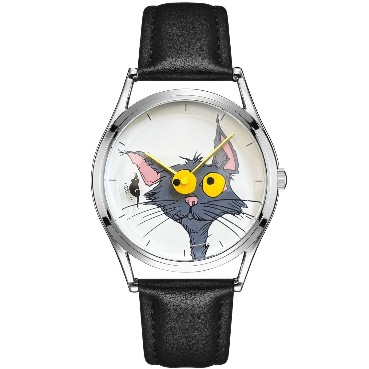 Watch with a cat face design on the dial against a white background