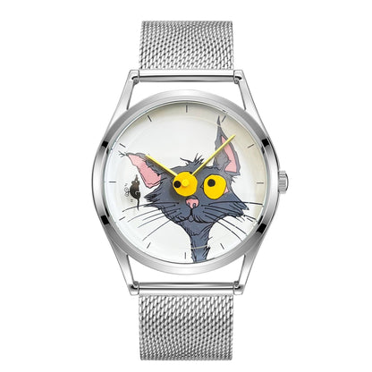 Cat face wrist watch with a cartoon cat illustration on the dial against a white background