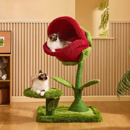 Cat tree shaped like a flower with two cats on it in a room.