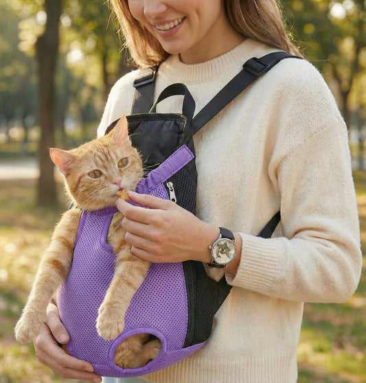 Woman holding a cat in a purple carrier with a park background