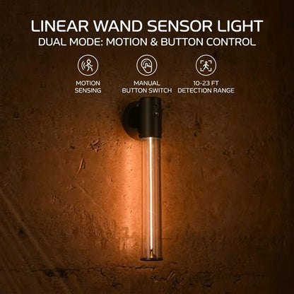 Linear wand sensor light on a textured wall with text indicating dual mode operation.