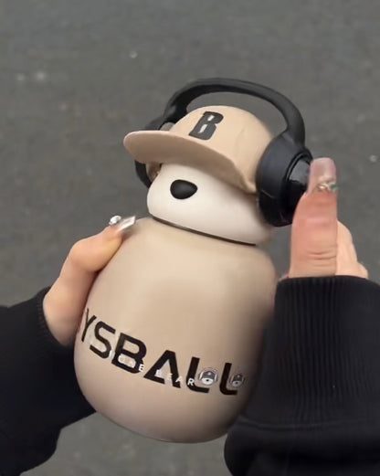 Cute Bear Water Bottle with Headphones – Kawaii Insulated Drink Bottle for School, Gym & Travel