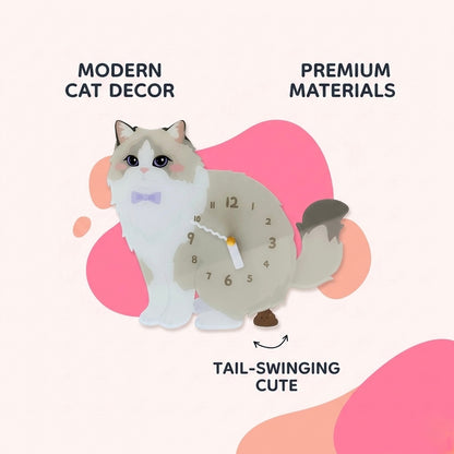 Cat-shaped clock with decorative elements on a white background