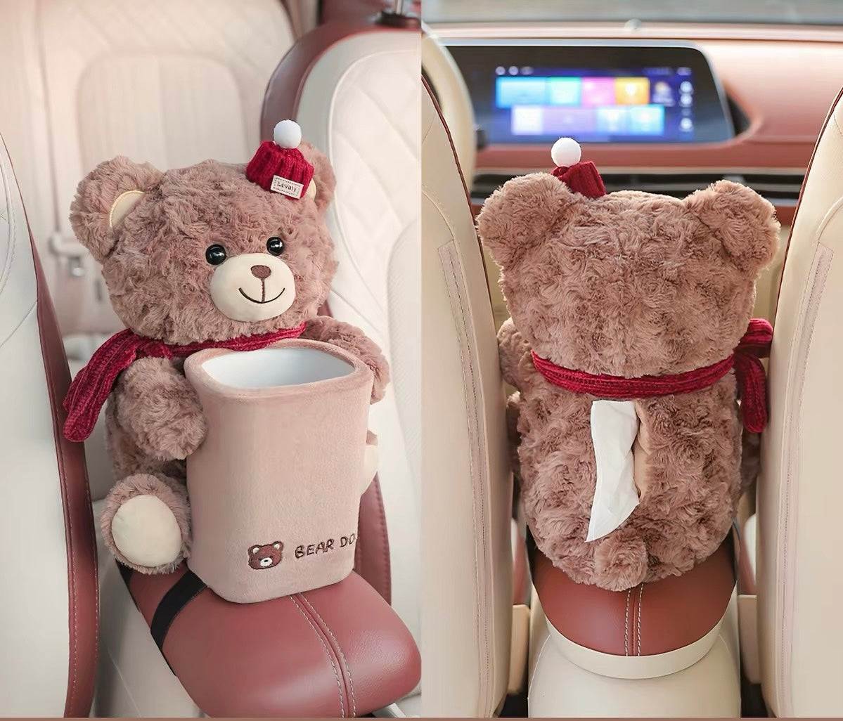 Another view of the teddy bear armrest tissue box, a sweet gift for new drivers
