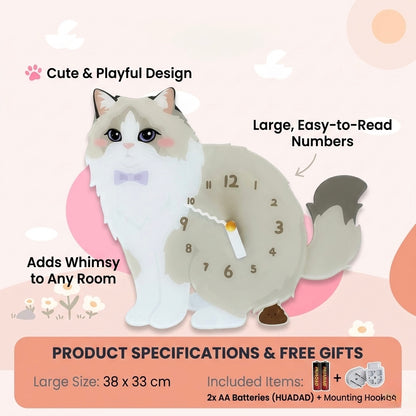 Ragdoll Cat Wall Clock – Cute 3D Kawaii Cat Home Decor Clock | Cat Lover Room Decor Gift