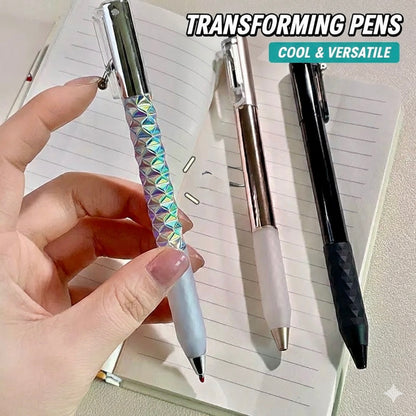 Transforming pens with a hand holding one, displayed on a notebook.