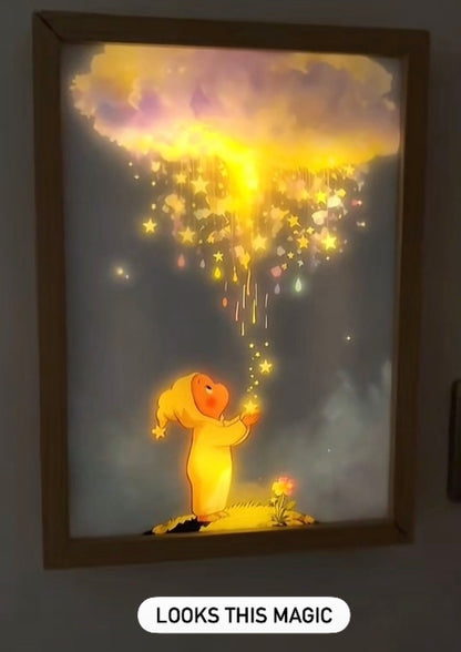 Illustration of a character holding glowing stars with a dark background