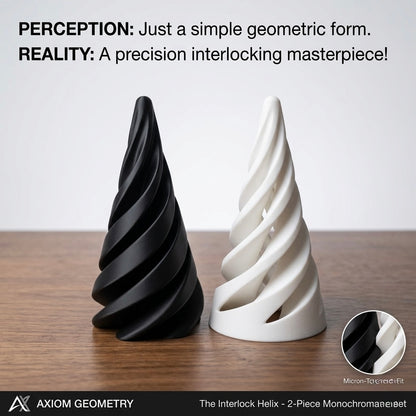Black and white interlocking geometric sculptures on a wooden surface with Axiom Geometry branding.