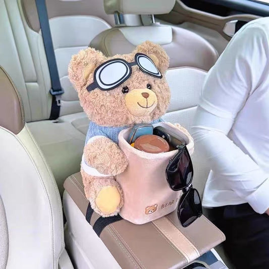 Cute Teddy Bear Car Armrest Tissue Box and Organizer