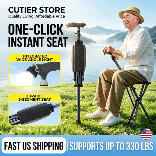 Folding Cane with Seat & LED Light, Adjustable Walking Stick Chair, Supports 330 lbs