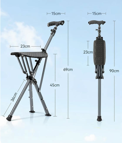 Folding Cane with Seat & LED Light, Adjustable Walking Stick Chair, Supports 330 lbs