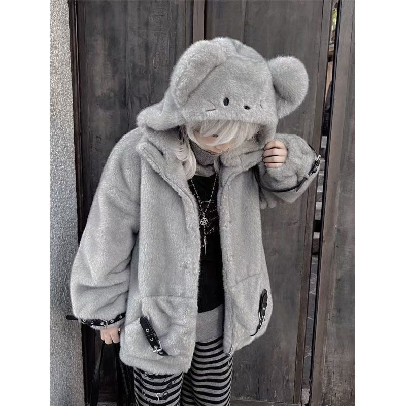 Sweet and cool fur wasteland style gray mouse Yabi hoodie jacket