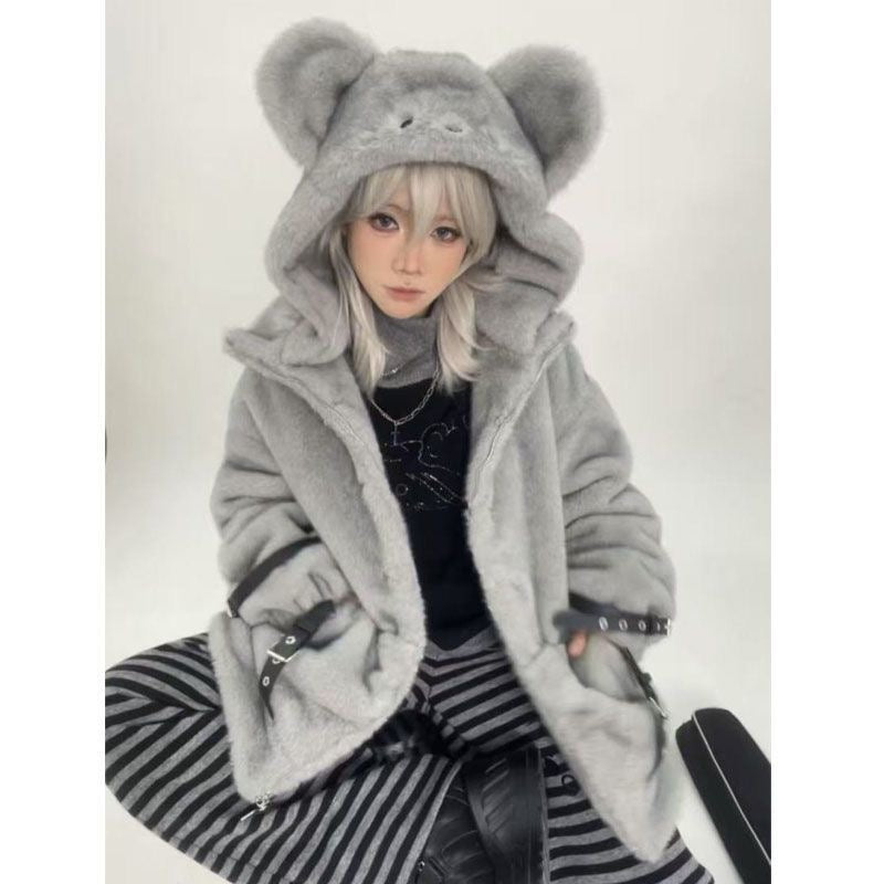 Sweet and cool fur wasteland style gray mouse Yabi hoodie jacket