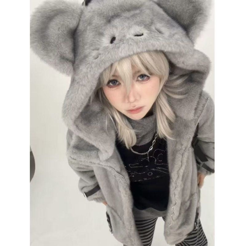 Sweet and cool fur wasteland style gray mouse Yabi hoodie jacket