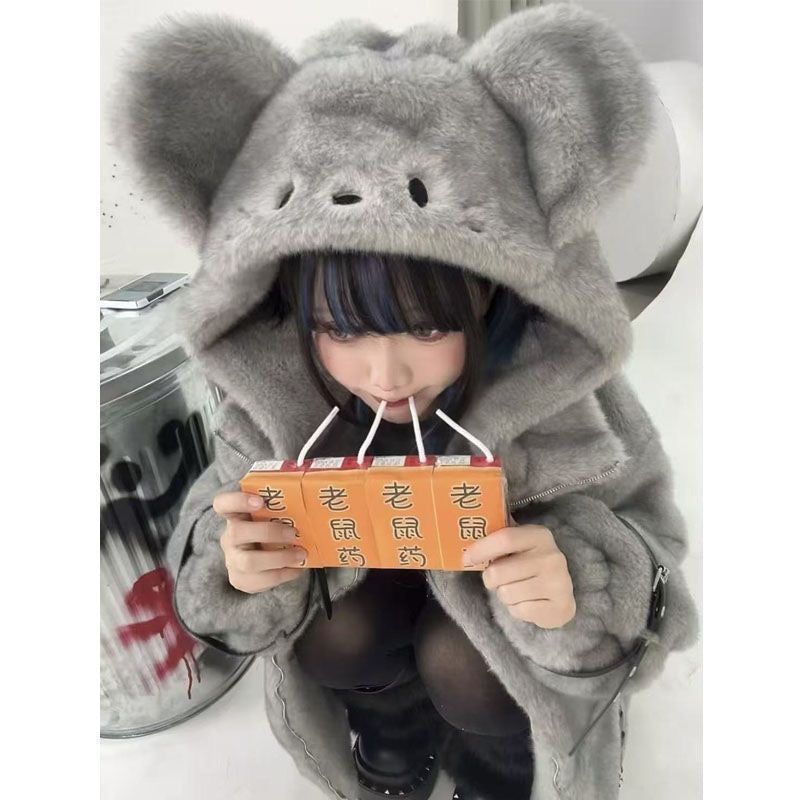 Sweet and cool fur wasteland style gray mouse Yabi hoodie jacket