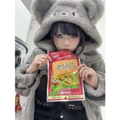 Sweet and cool fur wasteland style gray mouse Yabi hoodie jacket