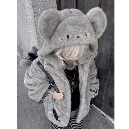 Sweet and cool fur wasteland style gray mouse Yabi hoodie jacket