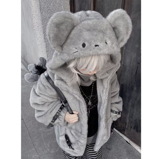 Sweet and cool fur wasteland style gray mouse Yabi hoodie jacket