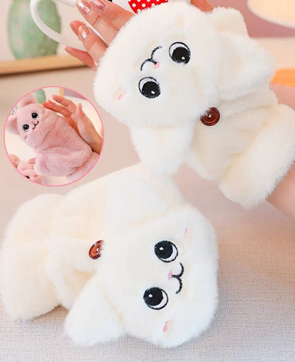 Cute Cat Flip Top Mittens – Fluffy Faux Fur Convertible Fingerless Winter Gloves for Women & Girls