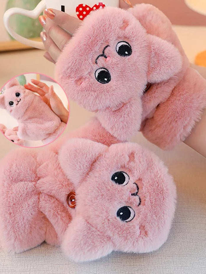 Cute Cat Flip Top Mittens – Fluffy Faux Fur Convertible Fingerless Winter Gloves for Women & Girls