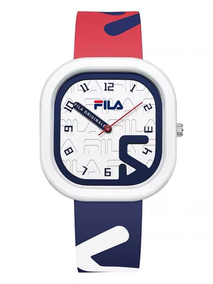 Fila watch with a white face, red and blue strap on a white background