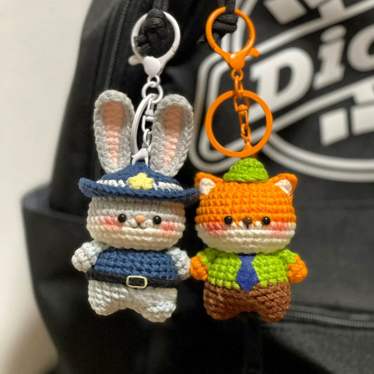 Crocheted Rabbit Policeman Doll Pendant Yarn Knitting Kit Fox Keychain Creative Gift set (2 in 1)