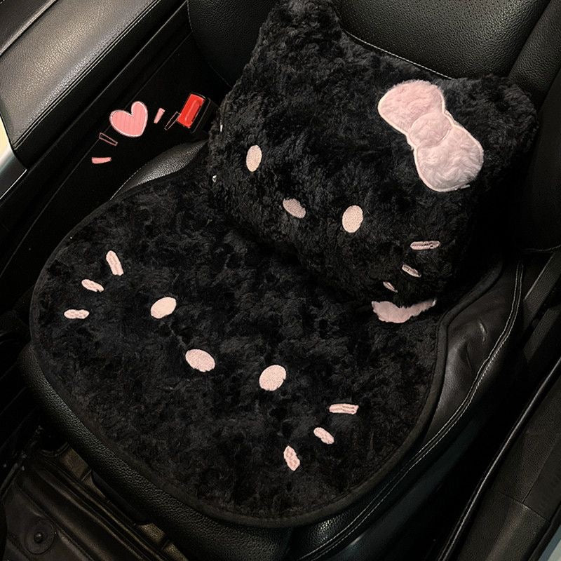 Kawaii Black & Pink Plush Kitty Car Seat Cover Set (7-Piece)