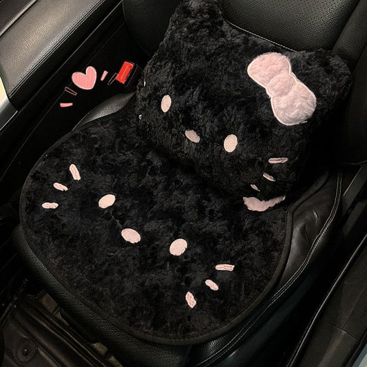 Kawaii Black & Pink Plush Kitty Car Seat Cover Set (7-Piece)