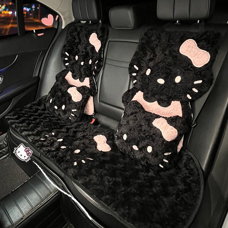 Kawaii Black & Pink Plush Kitty Car Seat Cover Set (7-Piece)