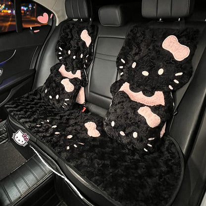 Kawaii Black & Pink Plush Kitty Car Seat Cover Set (7-Piece)