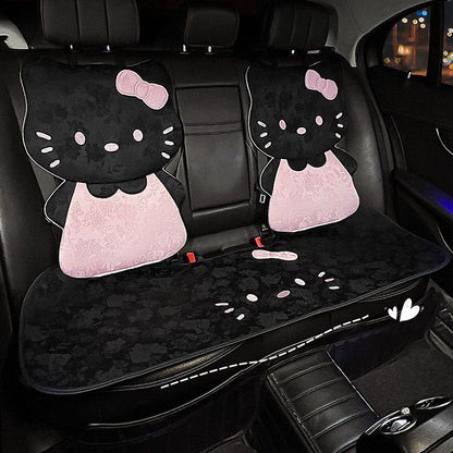 Kawaii Black & Pink Plush Kitty Car Seat Cover Set (7-Piece)