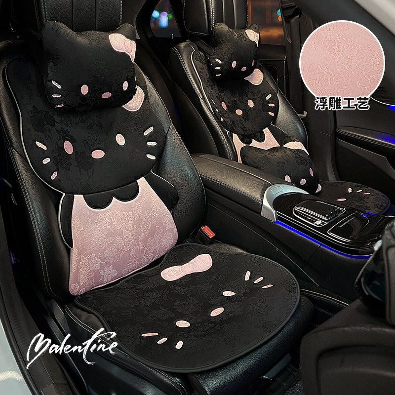 Kawaii Black & Pink Plush Kitty Car Seat Cover Set (7-Piece)