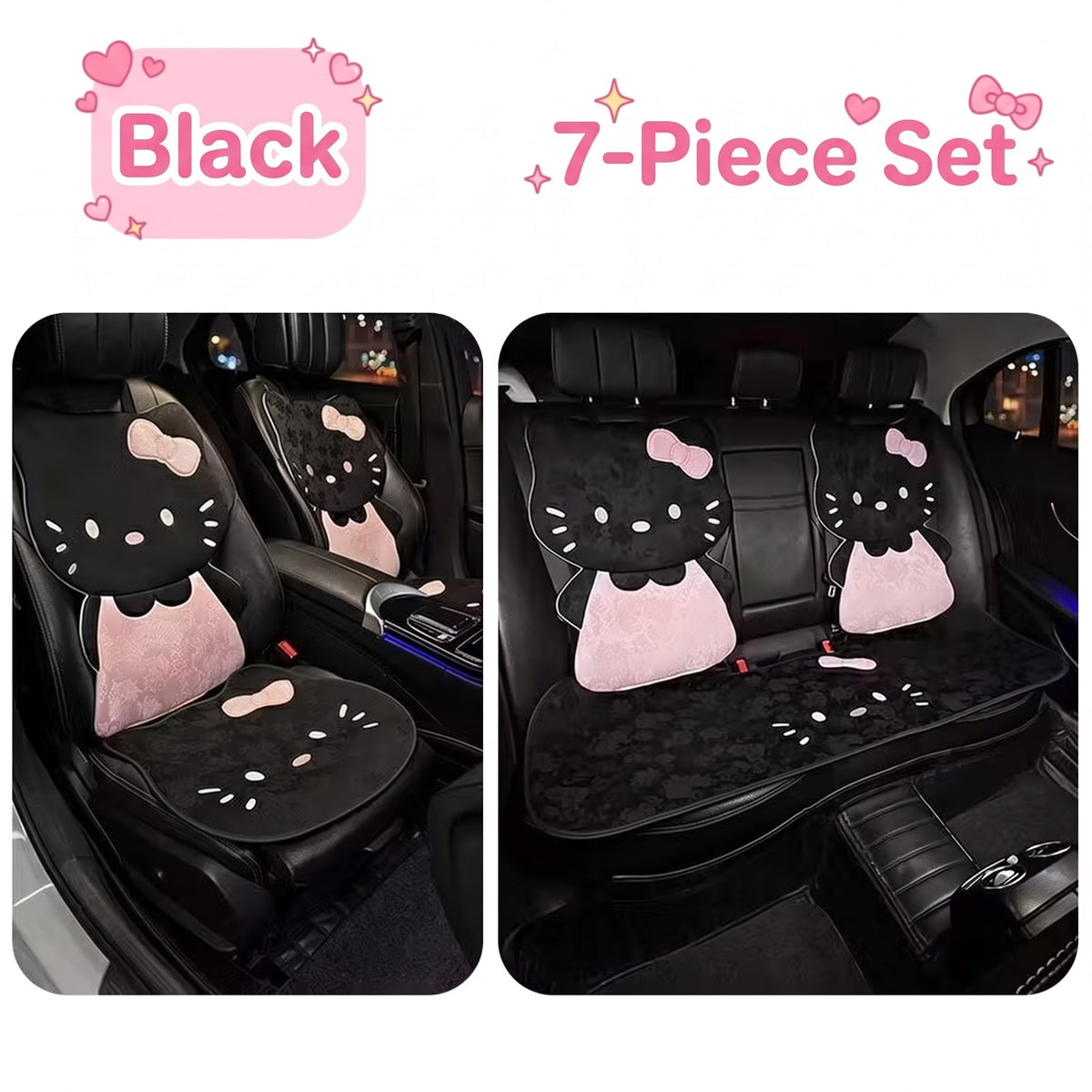 Kawaii Black & Pink Plush Kitty Car Seat Cover Set (7-Piece)