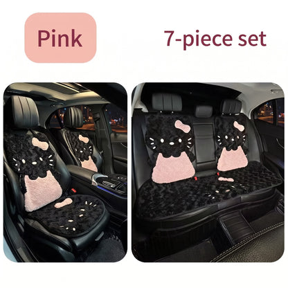 Kawaii Black & Pink Plush Kitty Car Seat Cover Set (7-Piece)